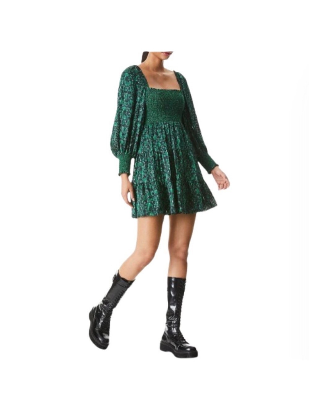 Alice + Olivia Emerald Green Smocked Square-Neck Mini Dress